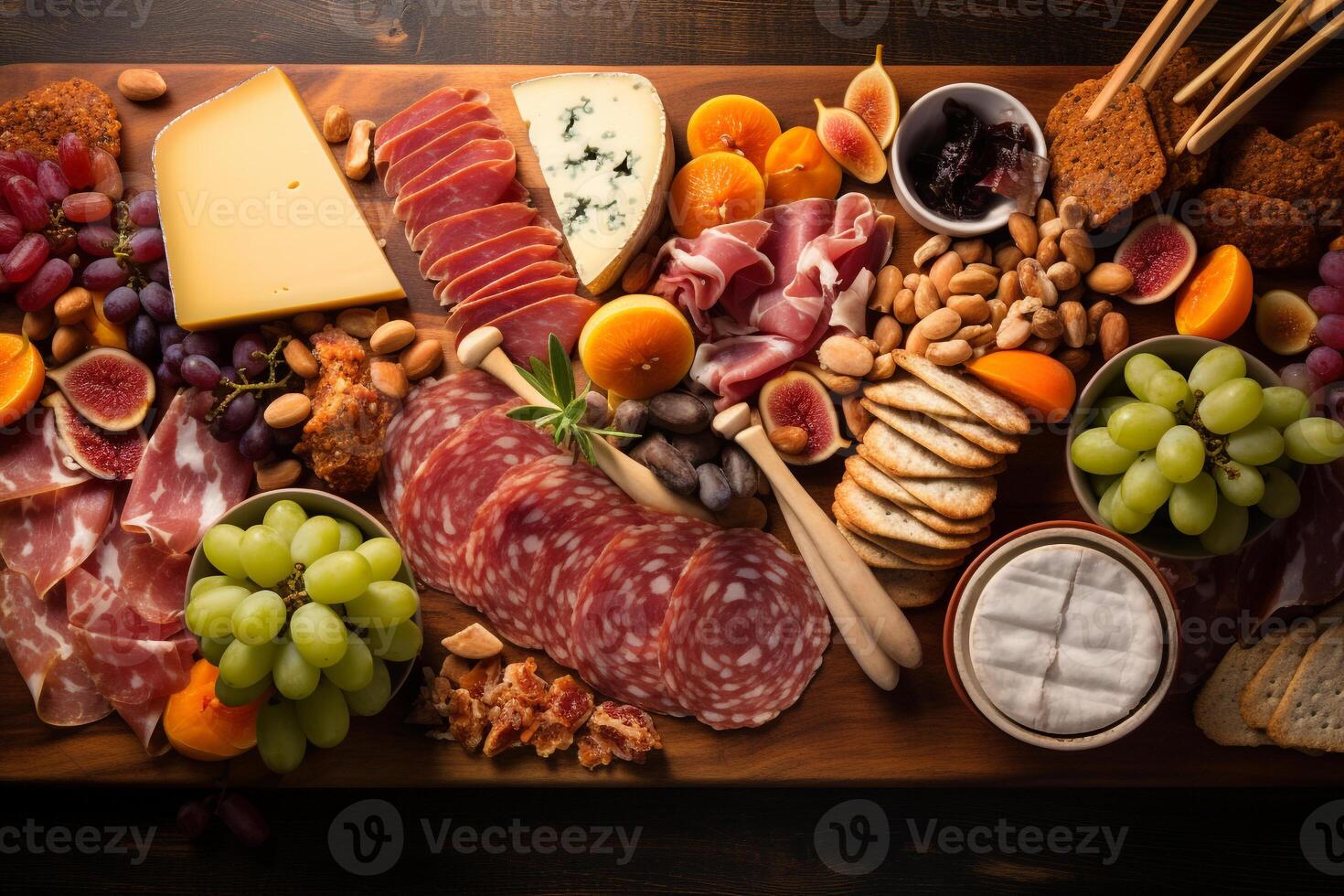 Bird's-eye view of gourmet charcuterie board with meats cheeses fruits and nuts photo