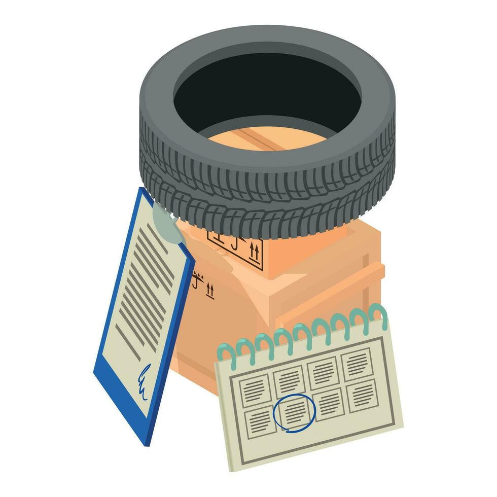 Warehouse storage icon isometric vector. Car tire on postal parcel and clipboard vector