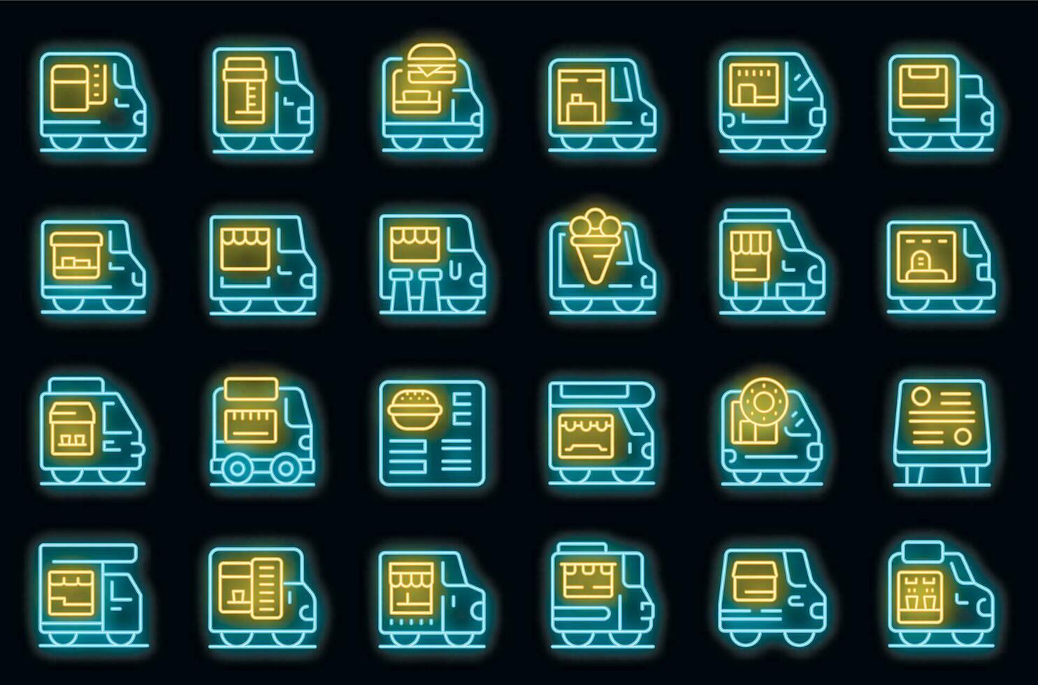 Coffee truck cafe icons set vector neon