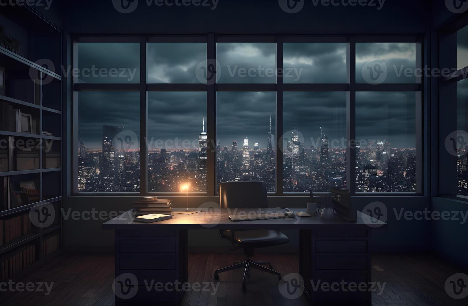 Office interior with panoramic window and city view. photo