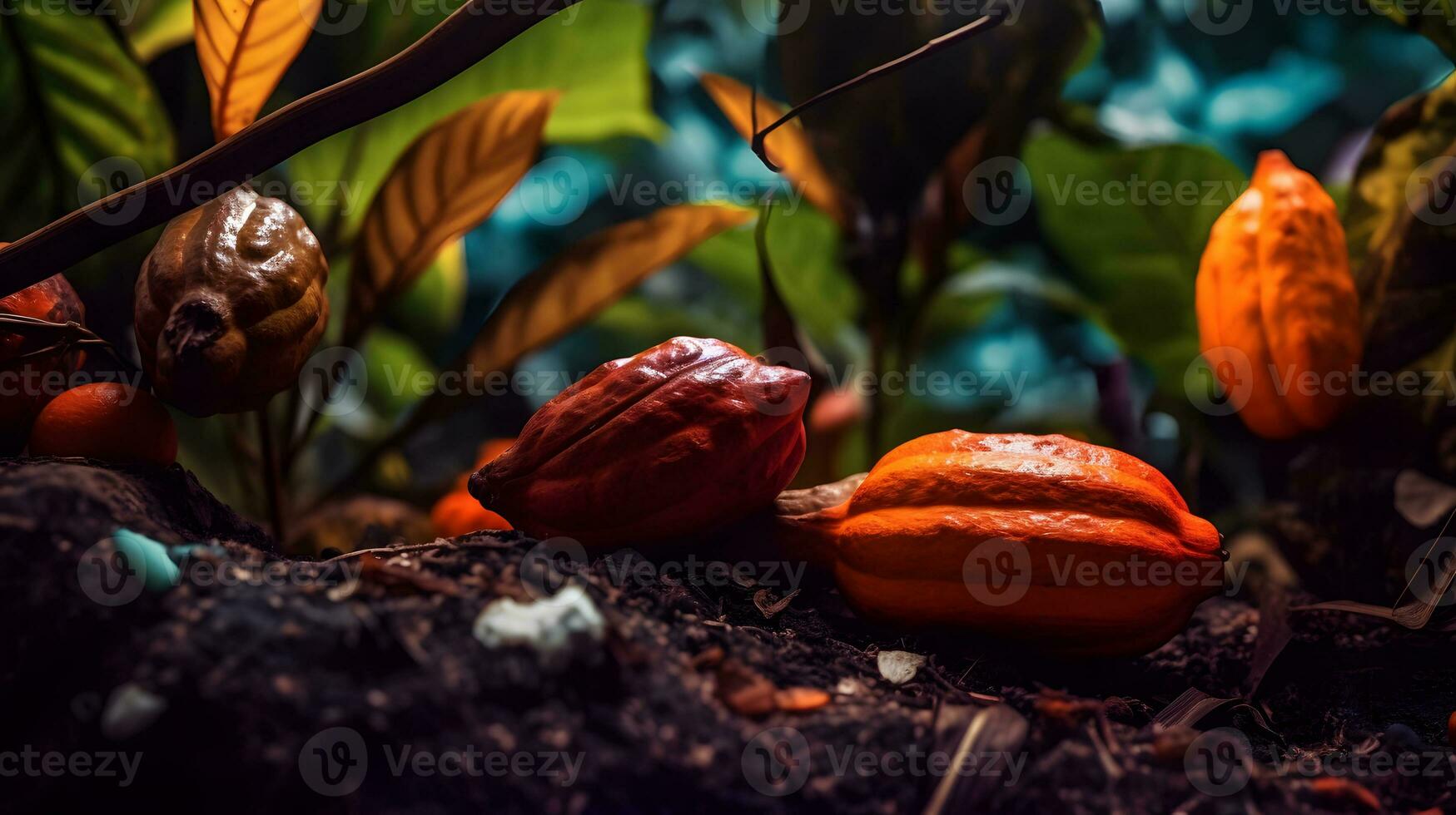 Cacao fruits, Cocoa pods on a dark background photo
