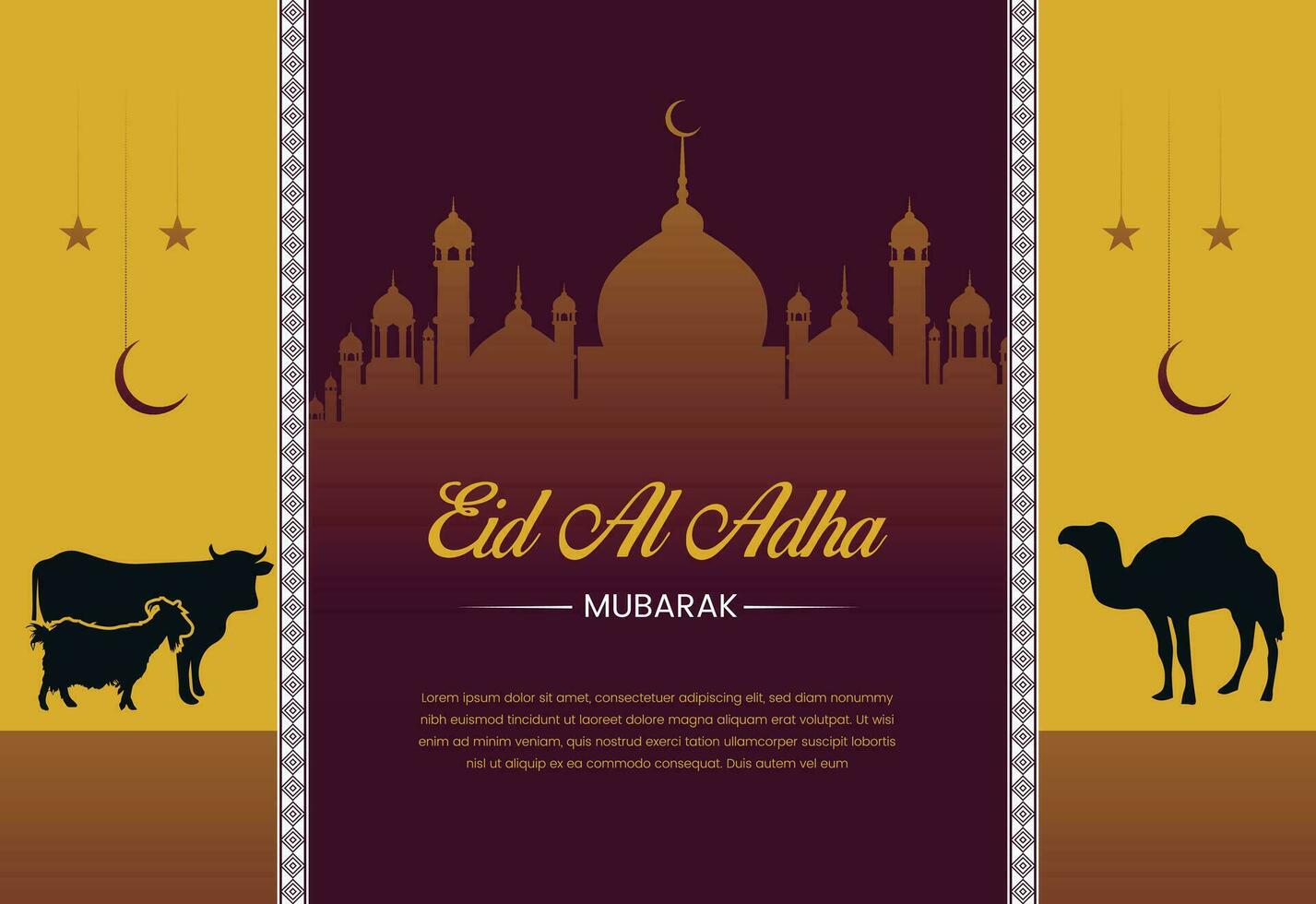 Eid Al Adha concept with goat, mosque, Calligraphy Text and Islamic festival Eid Mubarak, Eid Al Adha greeting card celebration for Muslim community vector