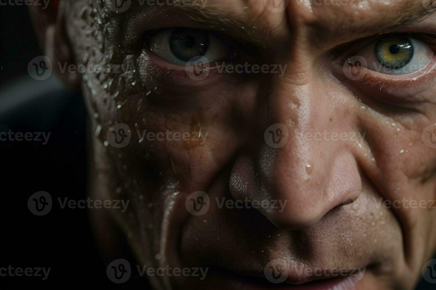 Close-up portrait of a man with drops of sweat on his face. Sport and training concept, generative AI illustration. photo