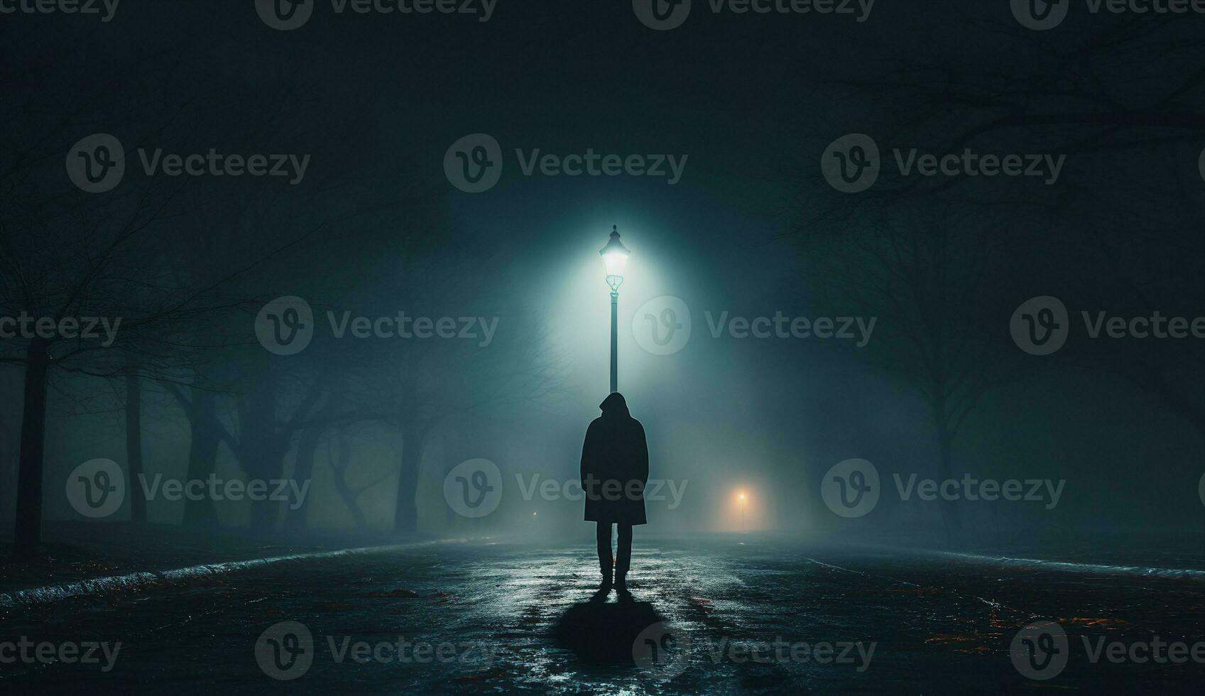 A dark figure stands under a streetlight on an empty road at night, fog in the air. Moody lighting, desaturated colors. AI Generated. photo