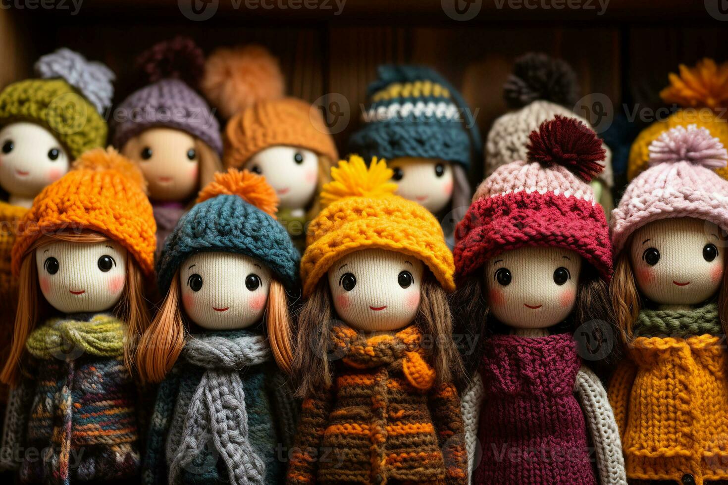 Colorful hand-knitted dolls wearing miniature sweaters and hats, pleasing composition, vivid details. Different stages of childhood concept. AI Generated. photo
