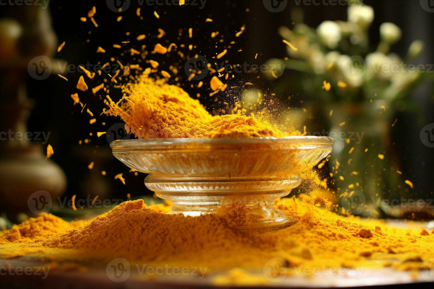 Bright yellow turmeric powder captured mid-air while being sprinkled onto dishes. Vibrant color, healthy focus. AI generated. photo