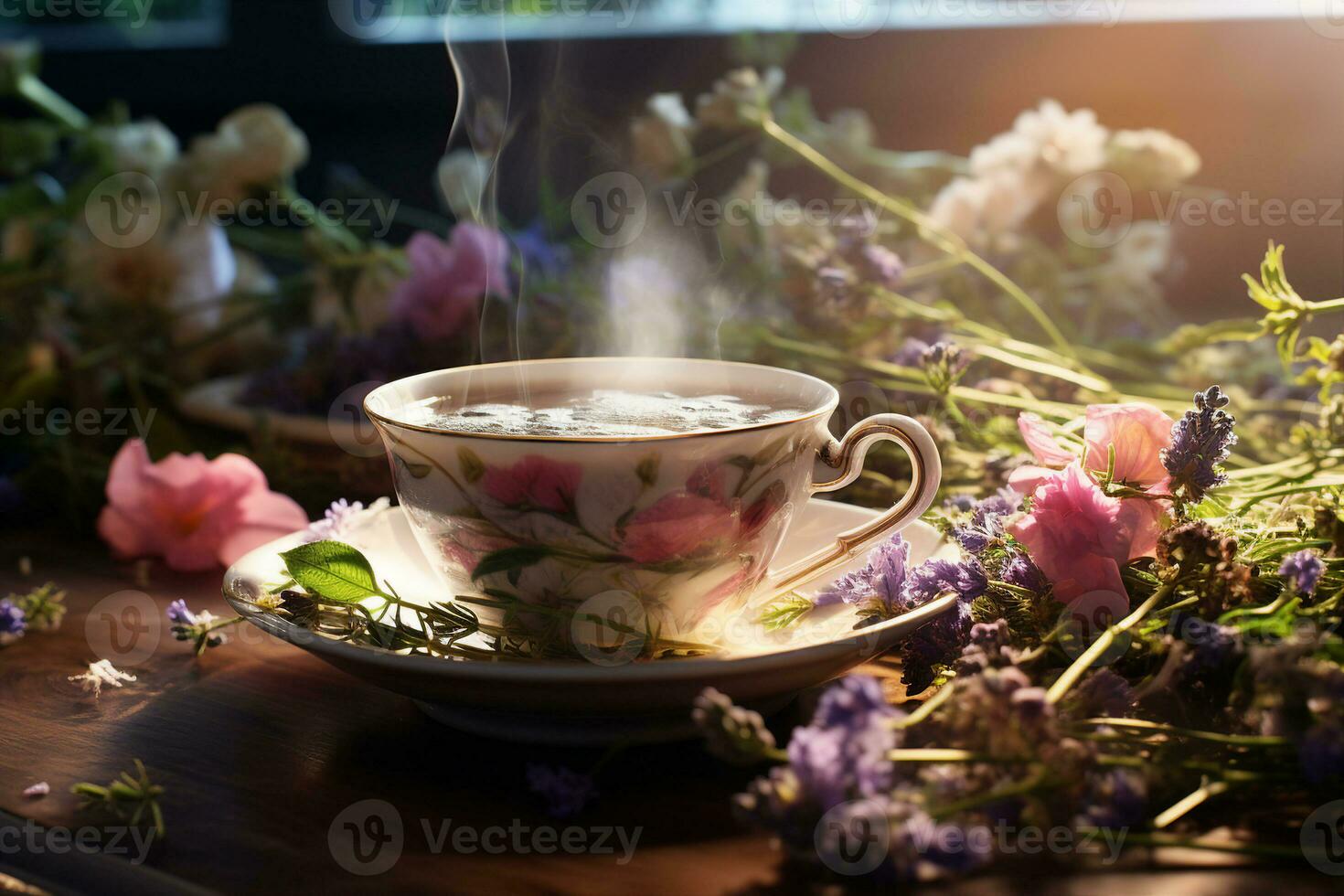 Steaming cup of herbal tea with fresh herbs and flowers, close-up view. AI generated. photo