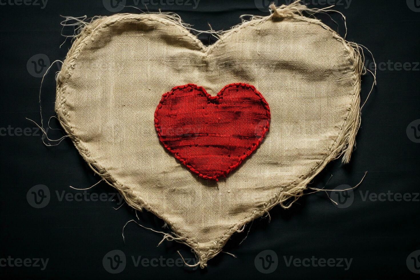 A heart shape embroidered with red thread on burlap, stitches are very small and even. Lit dramatically to emphasize love and compassion. AI Generated. photo