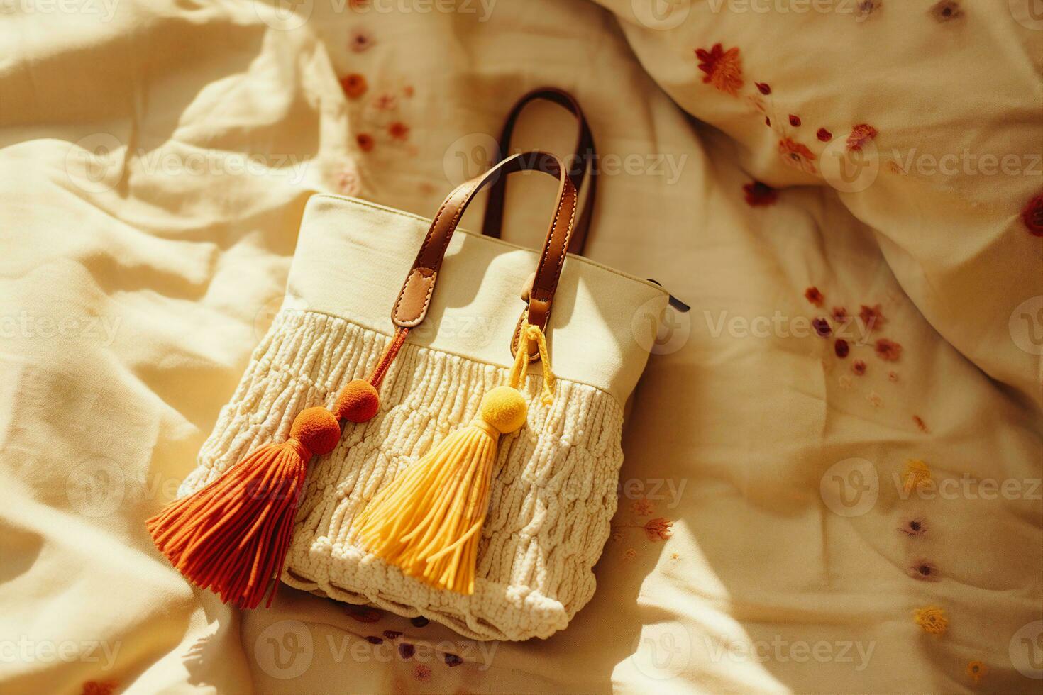 A crocheted tote bag on a table, woven textures, attached tassels hanging down, soft natural lighting, top down view. AI Generated. photo