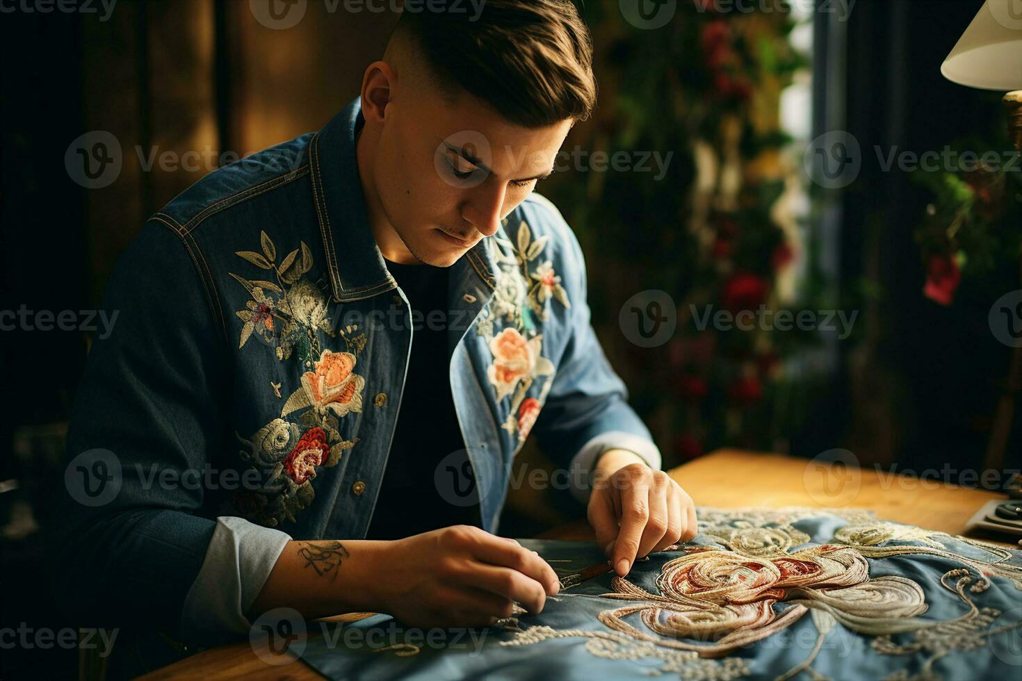 A young man focused on embroidering floral designs onto a denim jacket. AI Generated. photo