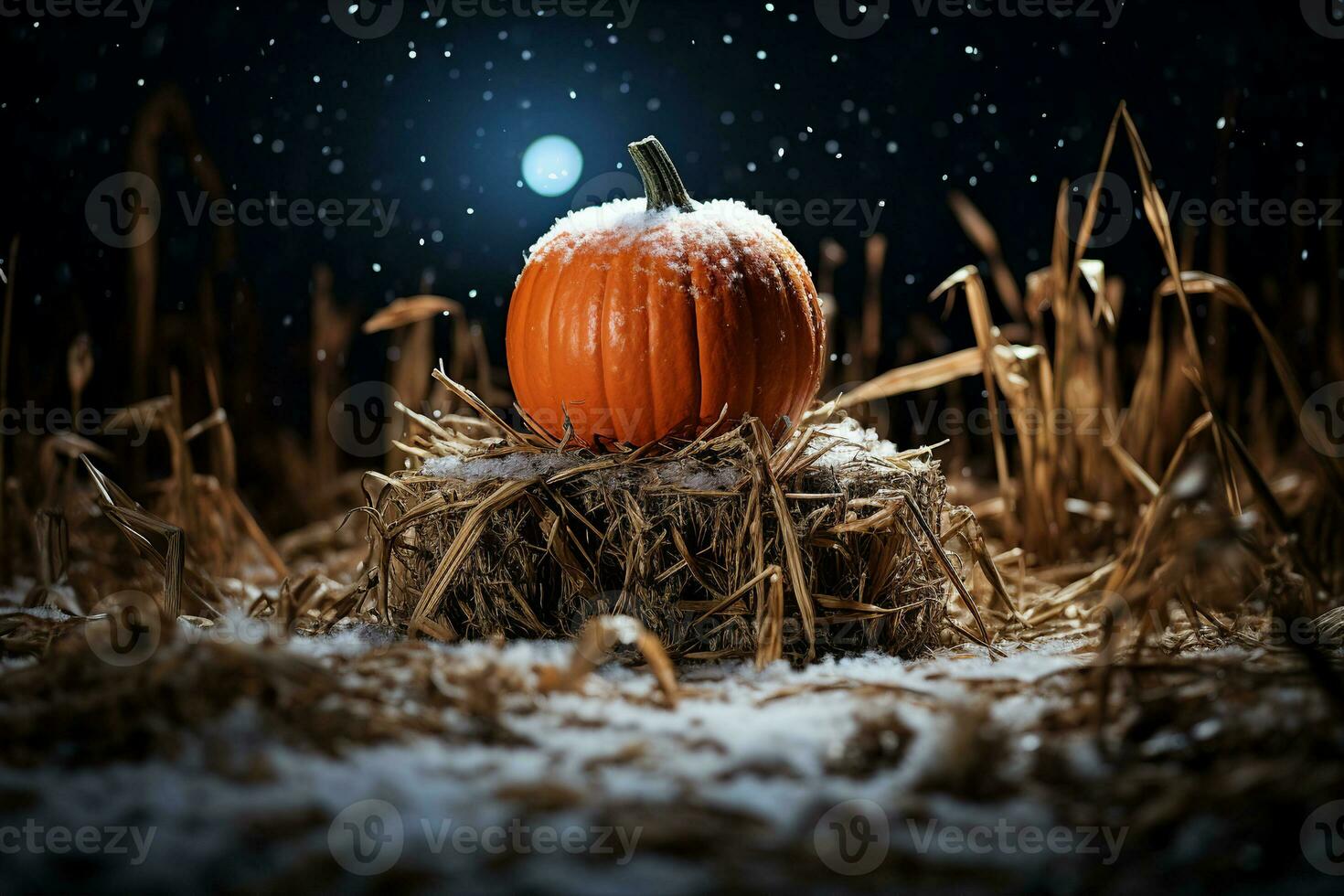 An orange pumpkin covered in snow sitting on top of a haystack in a field at night. A symbol of fall, harvest and approaching winter. AI Generated. photo