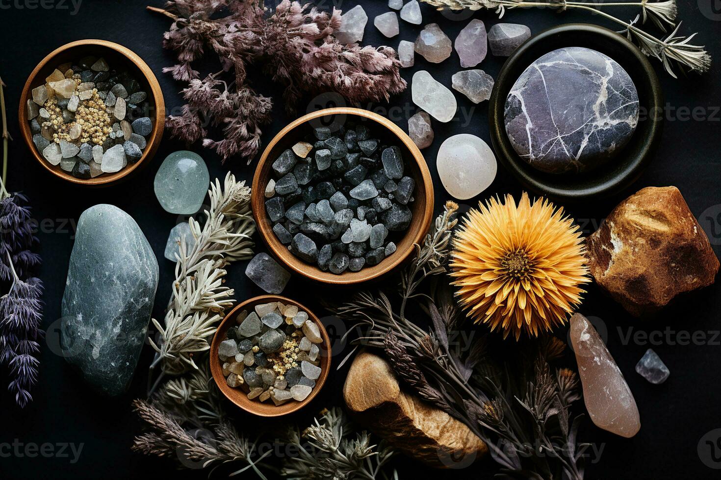 Arrangement of natural spa objects - geodes, crystals, dried flowers, pine cones, river rocks. AI generated. photo