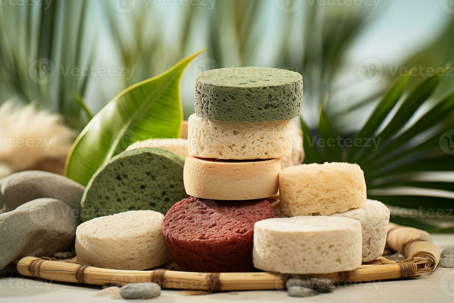 Assortment of natural loofahs and exfoliating sponges made from