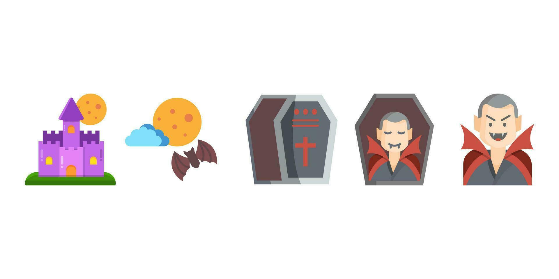Halloween vector cartoon set. Collection of cute and scary icons with castle,bat,vampire,coffin. Isolated colorful flat style design illustration.