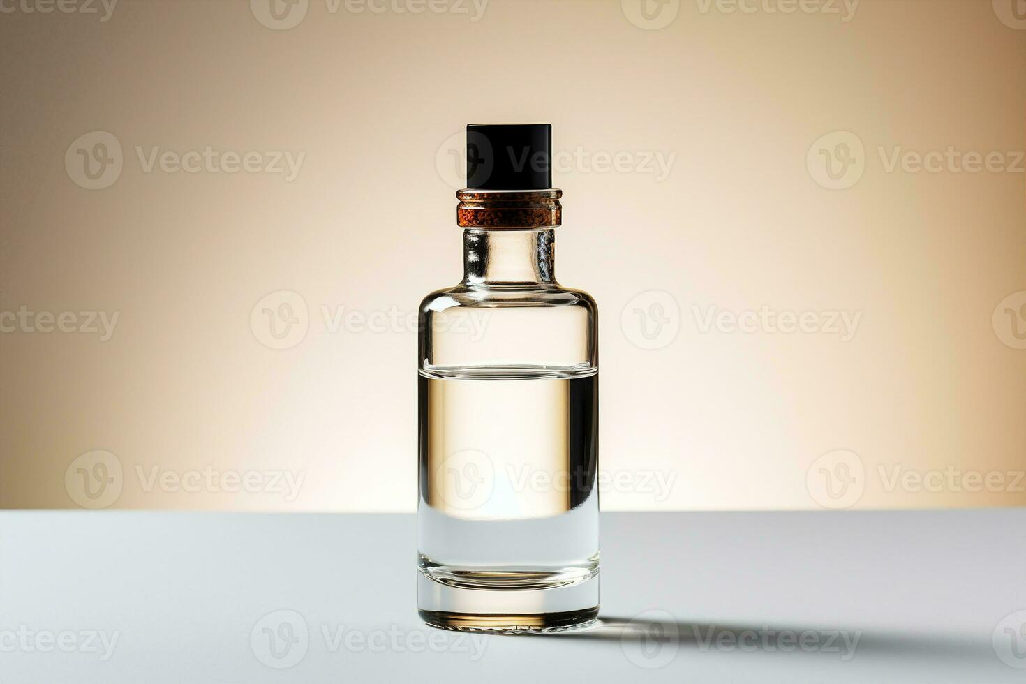 Nearly-empty transparent glass bottle of facial oil on a clean surface. Minimalist advertisement concept. AI Generated. photo