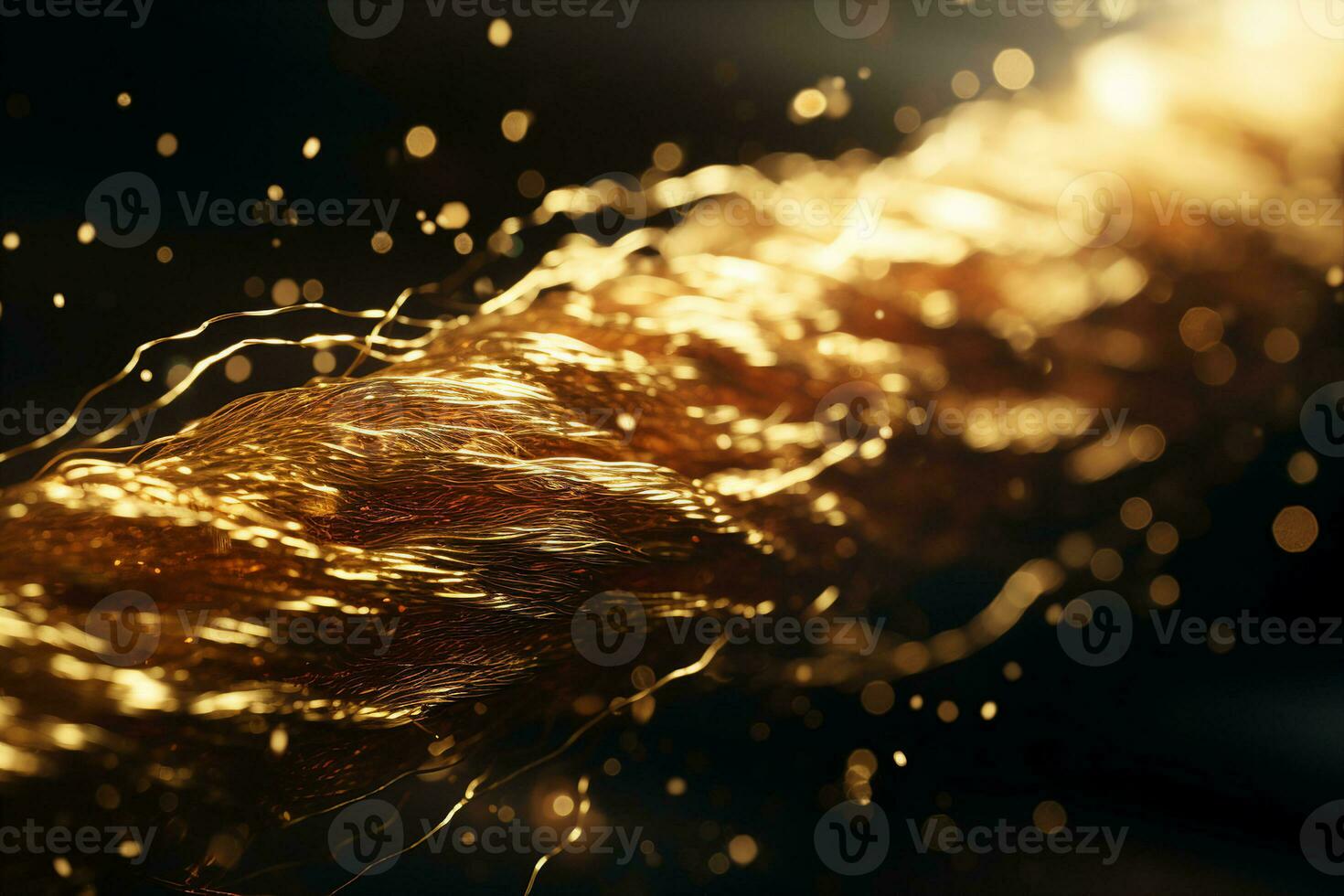 Gold thread texture on black background, very close-up, macro view. A symbol of luxury and opulence. AI Generated. photo