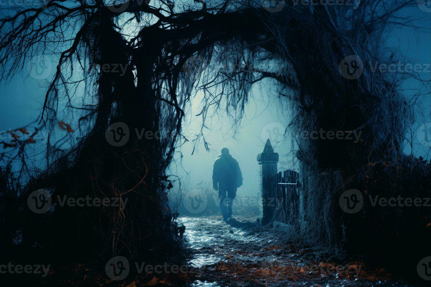 Old cemetery gate with dead ivy at night, silhouette of mysterious figure, symbol of threat, danger, and suspense. AI Generated. photo