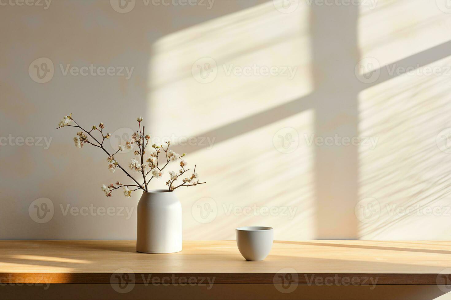 A white cup and a caeramic vase with blooming branches on a wood table. Natural window lighting, soft sunbeam, minimal kitchen concept. AI Generated. photo