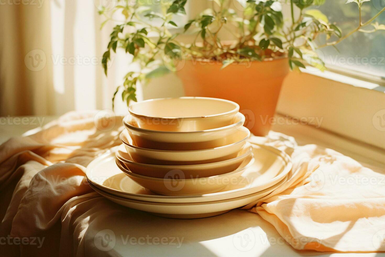 A set of glazed clay tea bowls on a soft linen blanket, soft shadows, warm sunlight from the window. AI Generated. photo