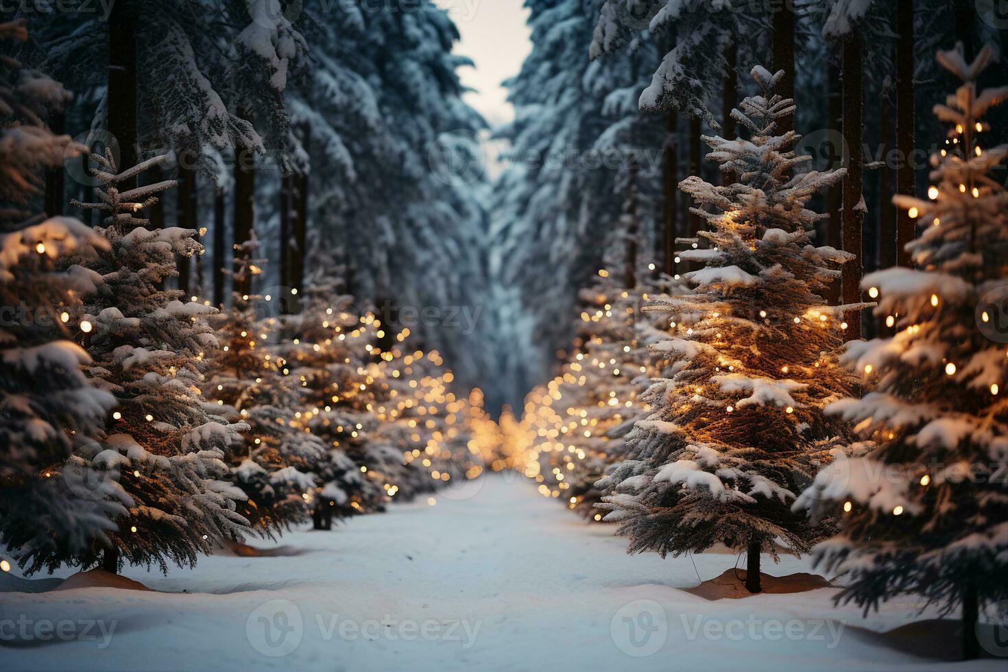 A snowy pine forest at dusk, Christmas lights glowing in the distance, peaceful and quiet, magic and wonder. AI Generated. photo