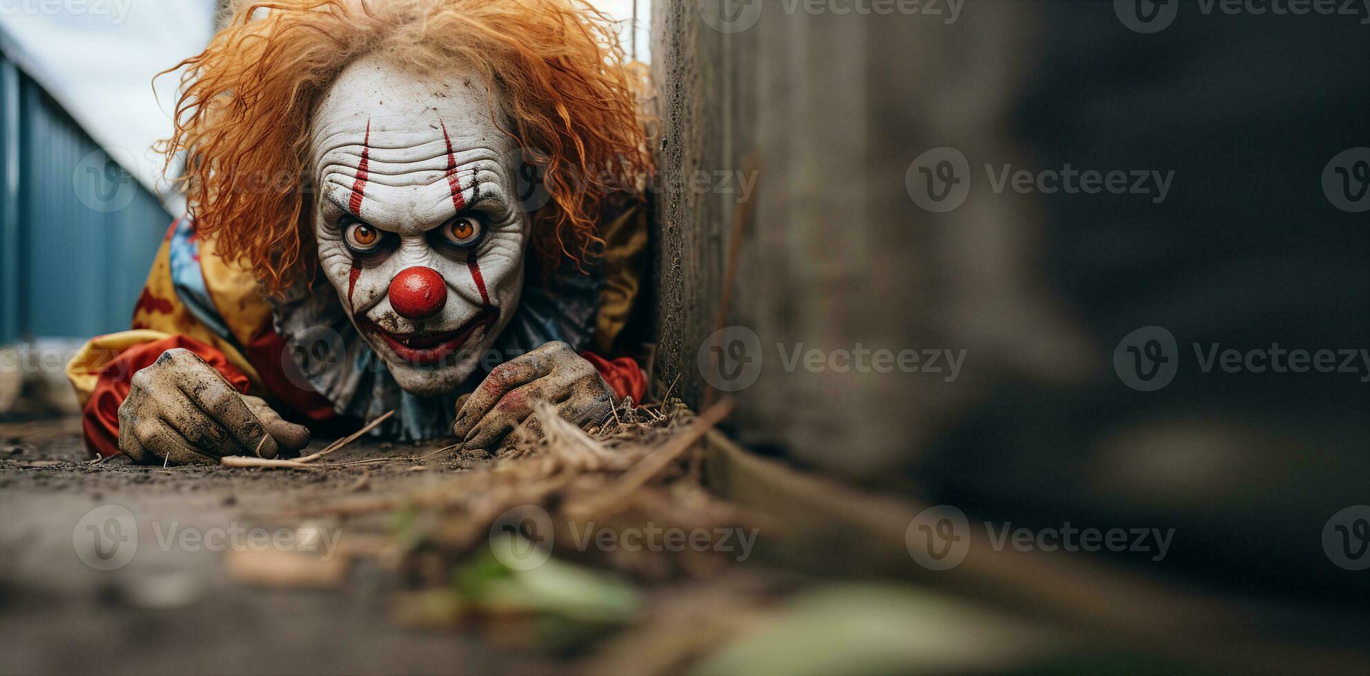 A creepy clown peeking around a corner. AI Generated. photo