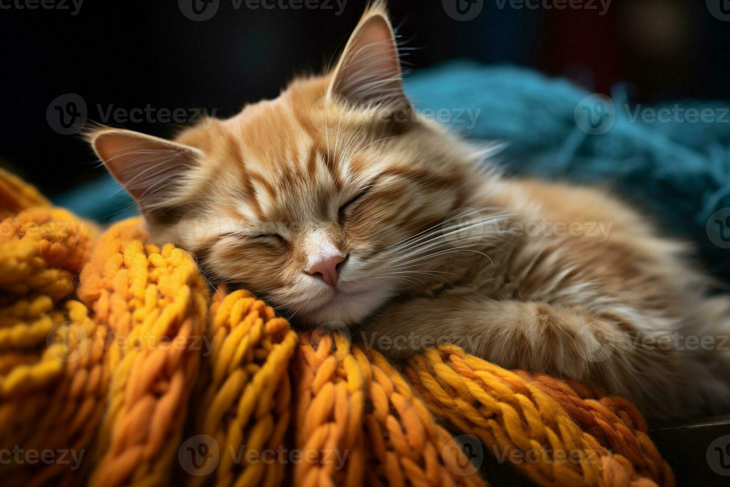 A cat curled up asleep on an unfinished knitting project. Relaxation and peace concept. AI Generated. photo