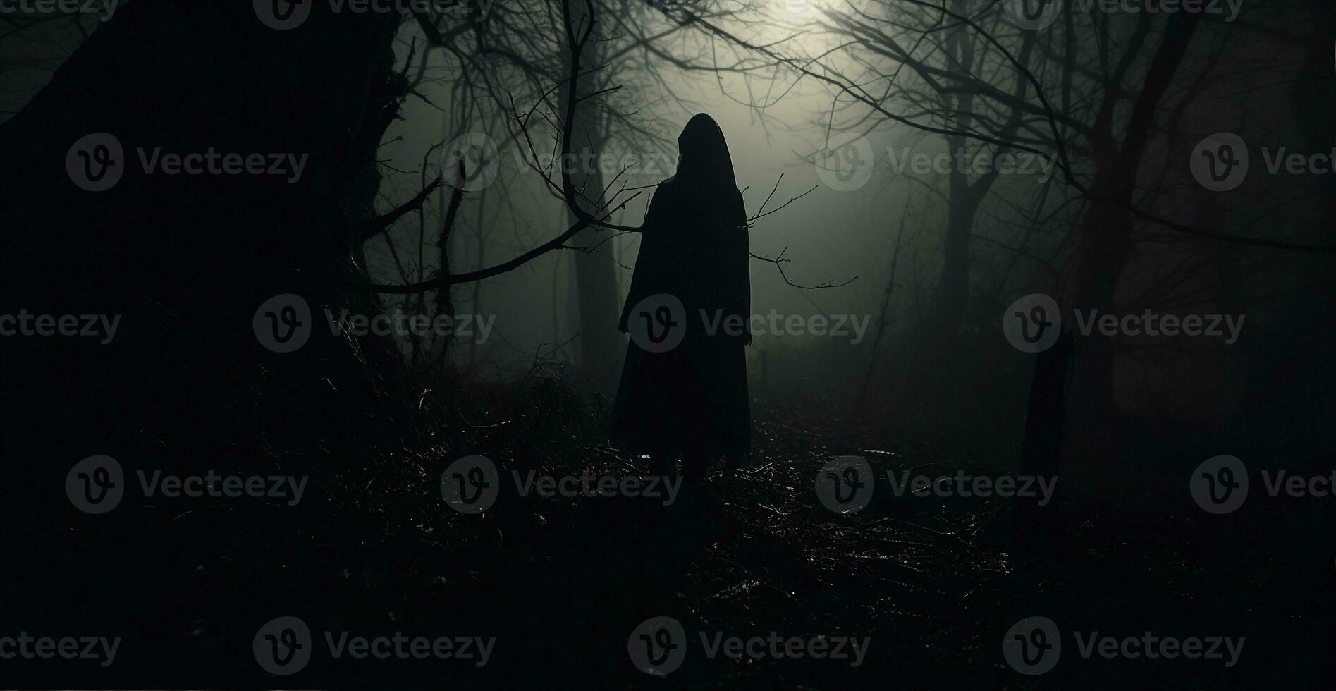 Mysterious hooded figure on dark forest path at night, ghostly halloween concept. AI Generated. photo