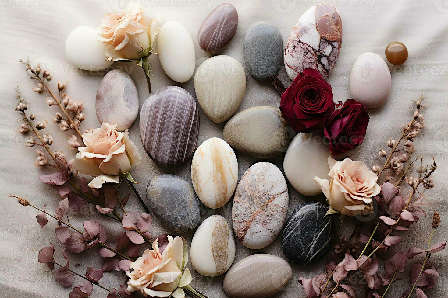 Assorted smooth stones and dried roses on a light fabric surface. Top-down view, balance and harmony concept. AI Generated. photo