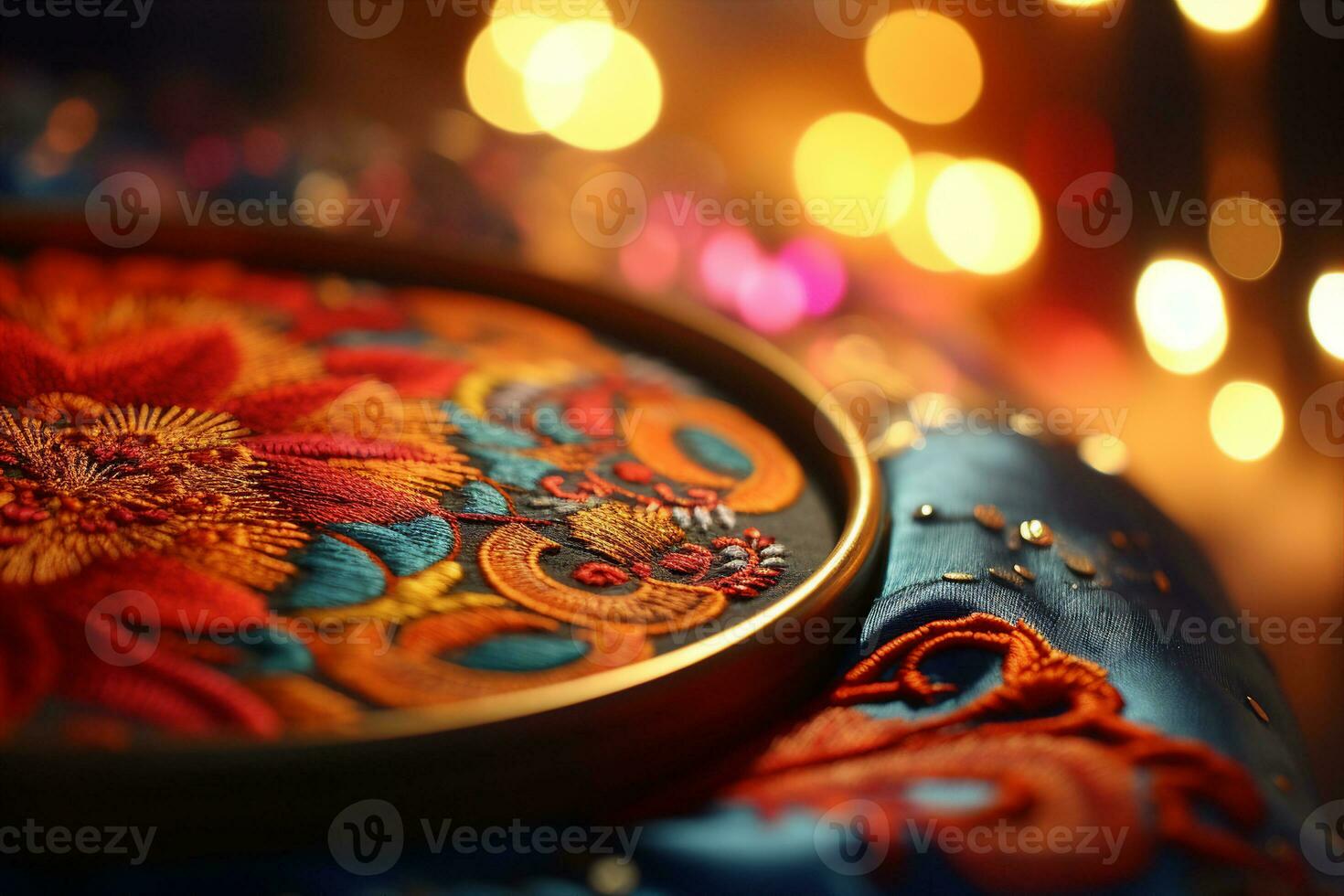A colorful intricate embroidery hoop and a fabric, close up view, focused on the stitches with dreamy bokeh background. AI Generated. photo