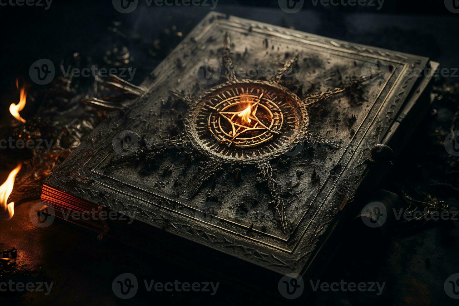 Old book with pentagram and runes on cover, symbol of mystery, magic, and occult practices. AI Generated. photo