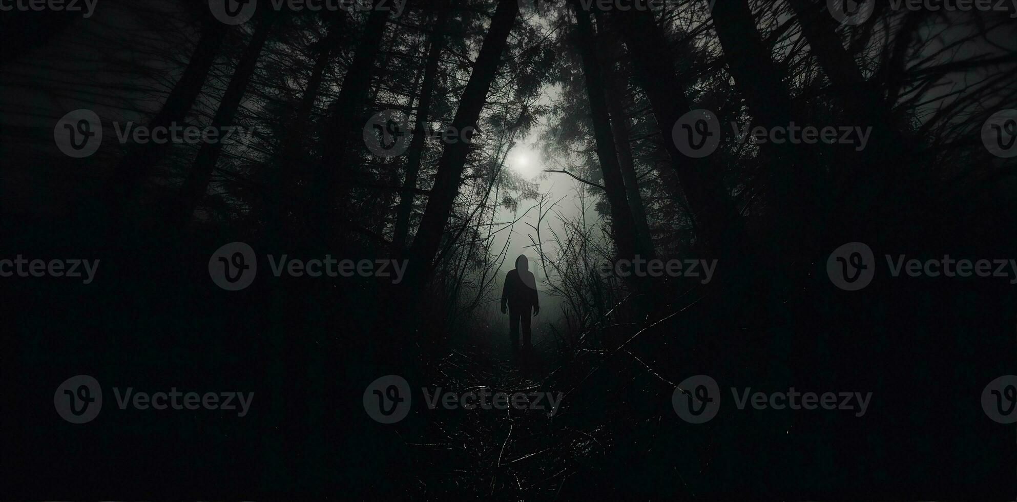 misterioso encapuchado figura en oscuro bosque camino a noche, fantasmal Víspera de Todos los Santos concepto. ai generado. foto