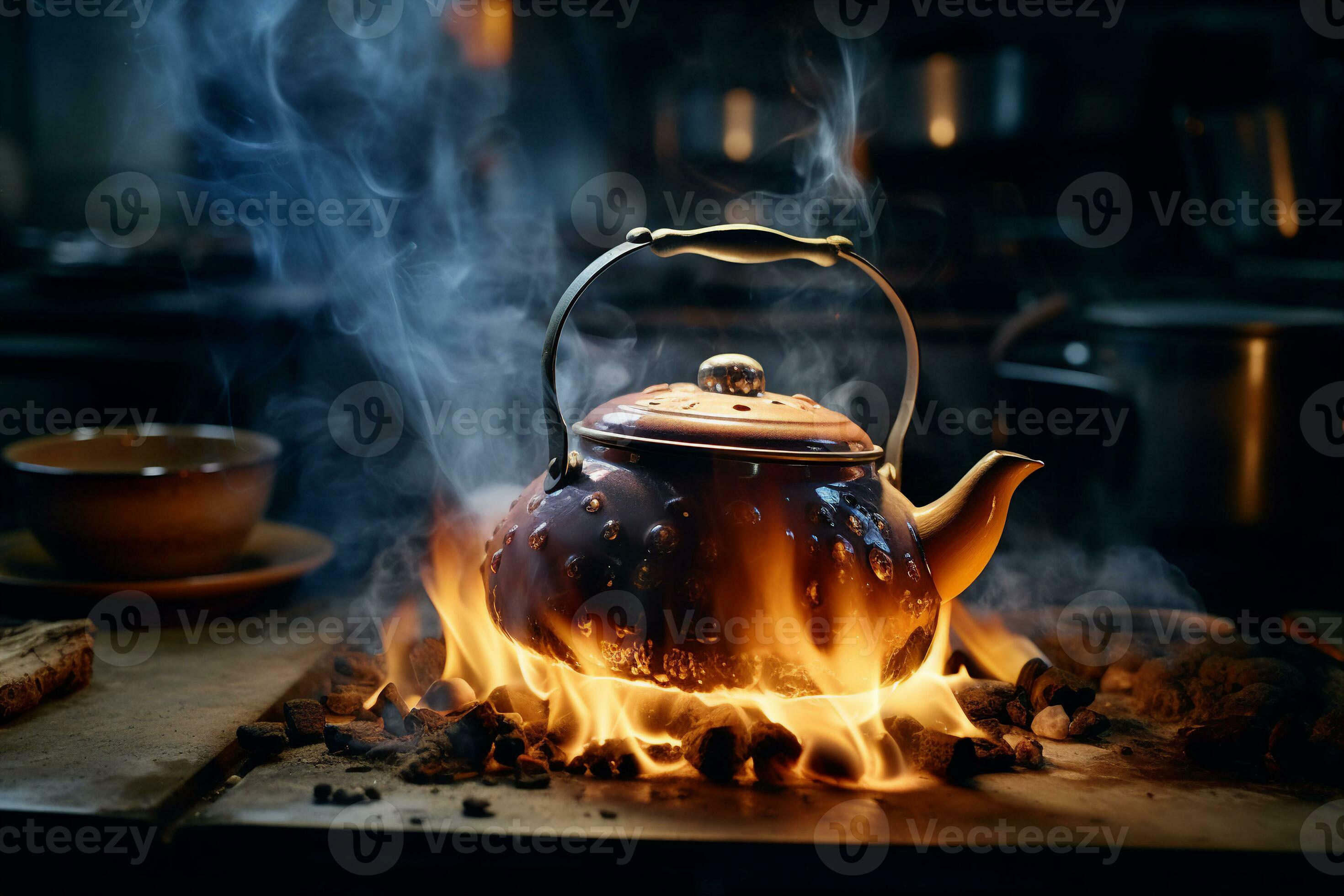 Low angle shot of a tea kettle over an open flame, capturing the