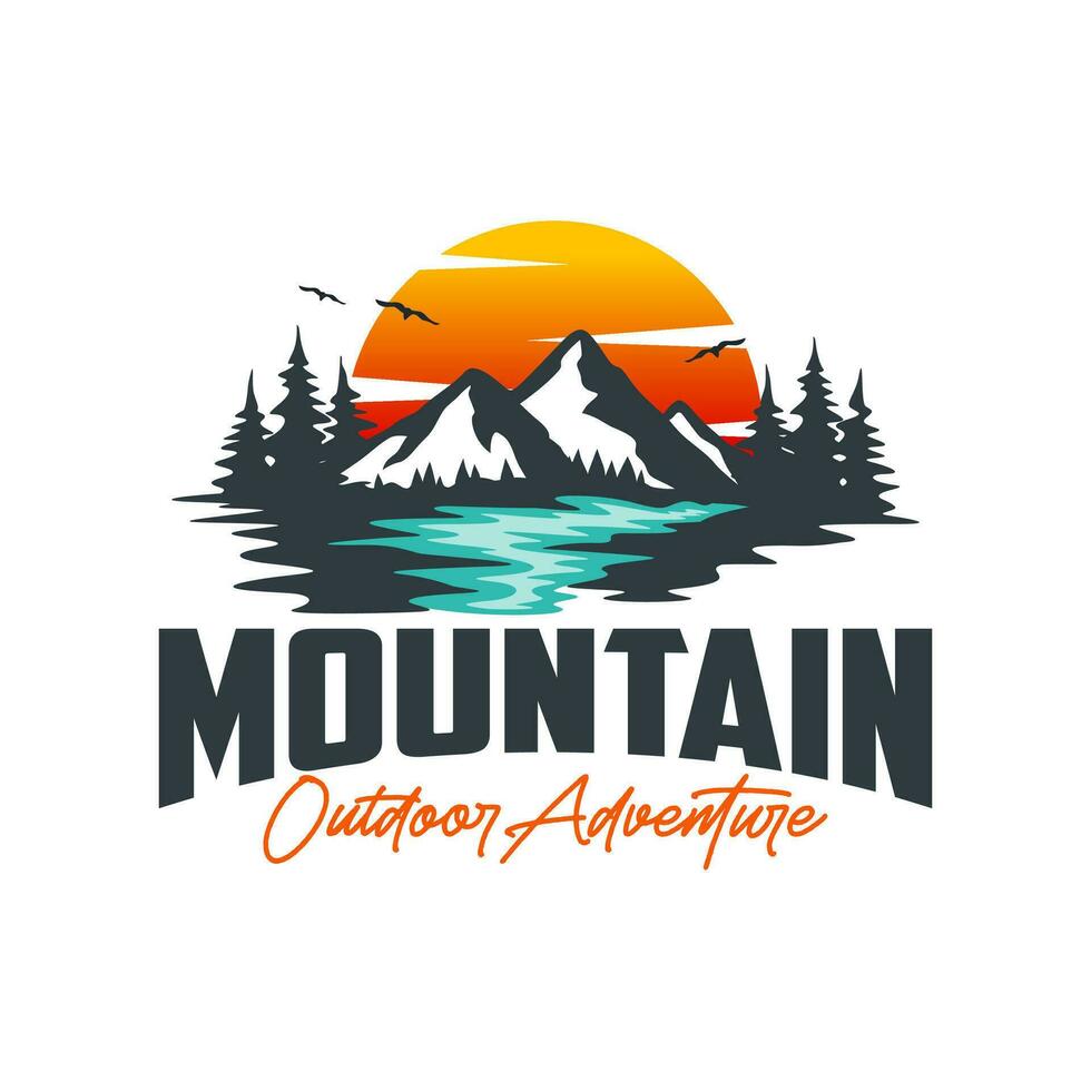 Mountain Peak with Lake Forest, Pine Evergreen Larch Tree with River Creek Landscape Outdoor Silhouette Label Logo Design vector