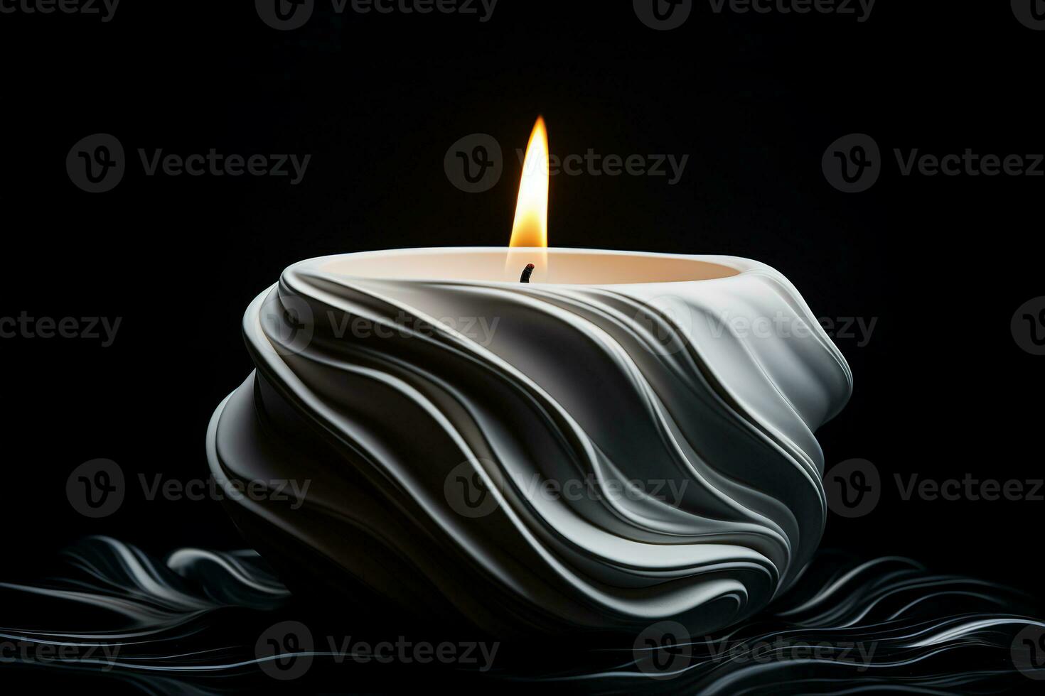 A white candle burning in ornamental ceramic holder on a dark background. Symbol of hope, love, or peace, reminder of the beauty and fragility of life. AI Generated. photo