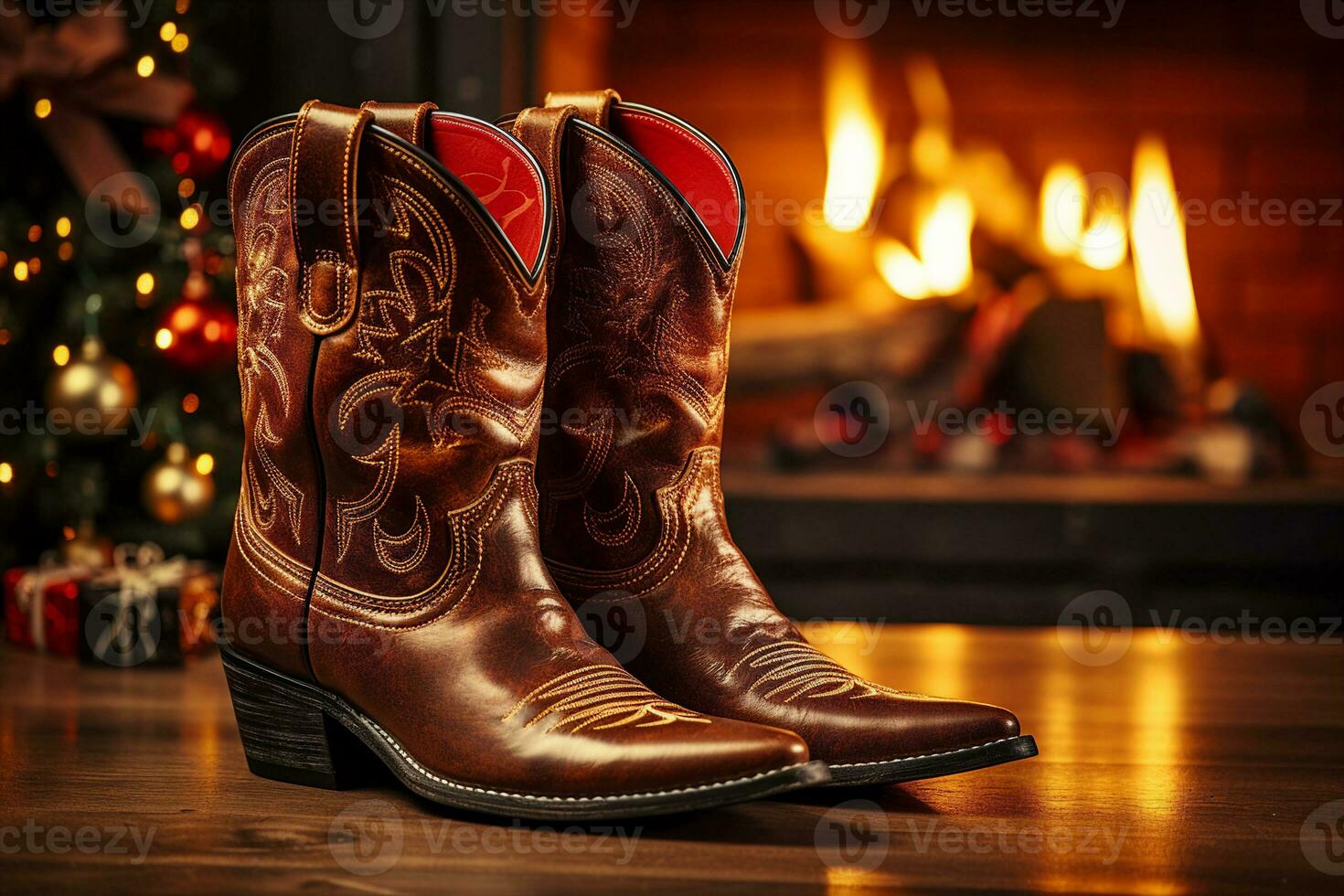 Polished pair of cowboy boots sitting on a wooden table in front of a fireplace and Christmas tree. Warmth, coziness and festive atmosphere. AI Generated. photo