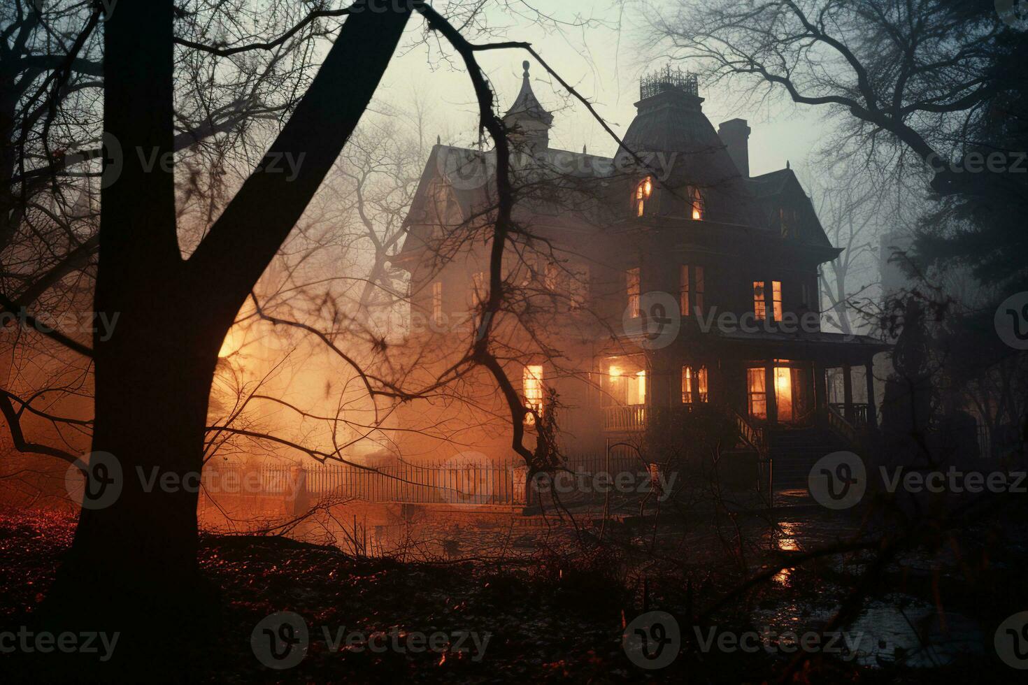 Spooky Victorian mansion in woods at night, dark windows, shadows, symbol of haunted mystery. AI Generated. photo