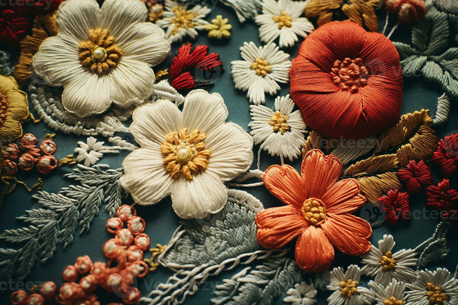 An antique embroidery of flowers, focusing on the intricate stitches and fading colors, close up view. AI Generated. photo