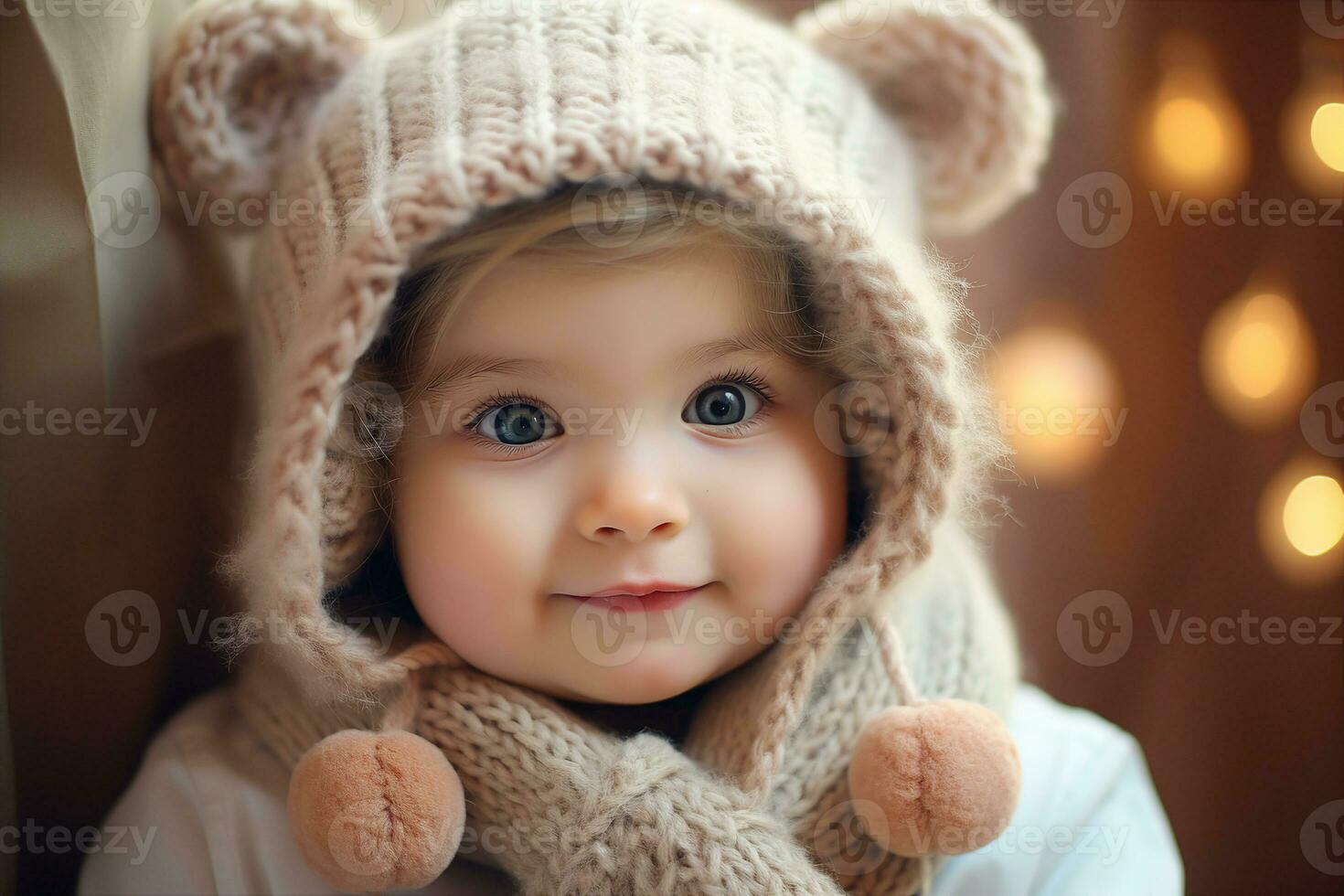 An adorable baby wearing a big chunky knit hat, rosy cheeks, gently smiling, soft natural lighting. AI Generated. photo