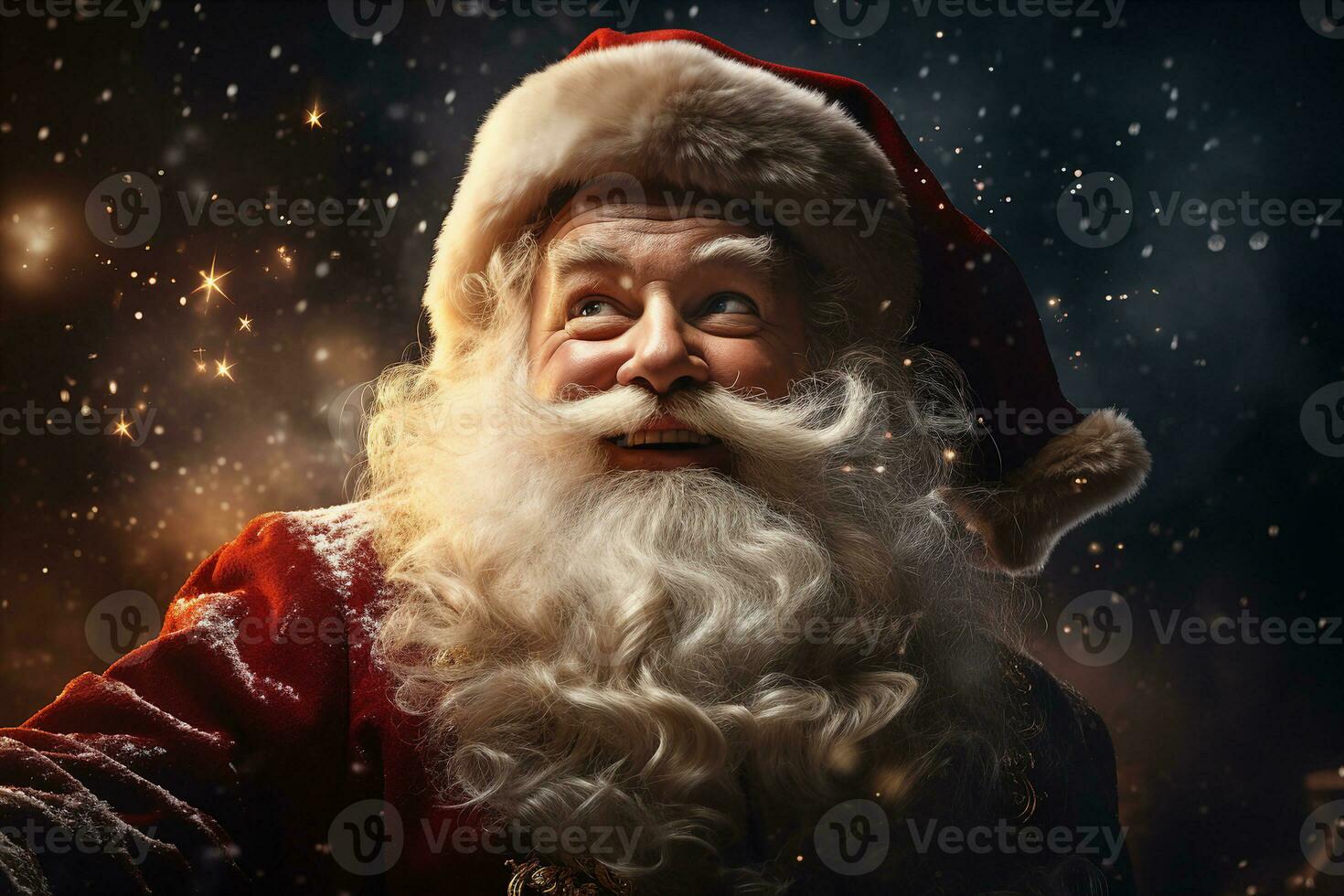 Smiling Santa Claus riding in his sleigh across a starry night sky. Close-up portrait. AI Generated. photo