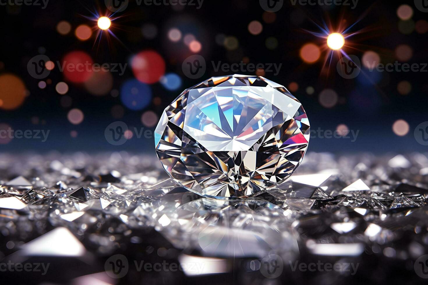 A close up of diamond on dark crystal surface with bokeh effect. Generative AI illustration. photo