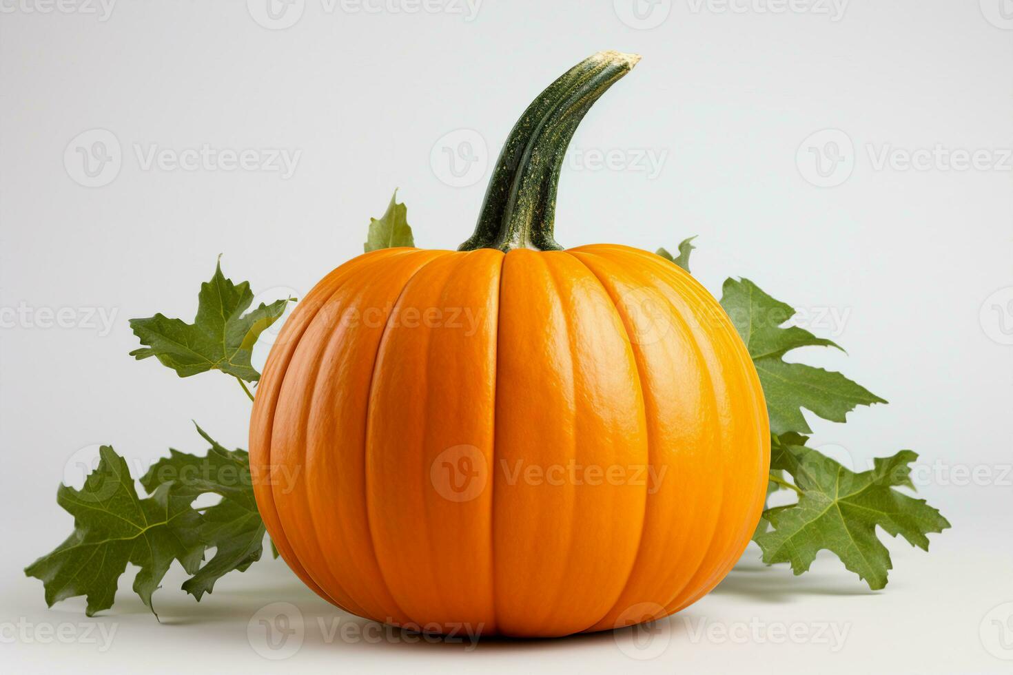 Large colorful pumpkin with tail and green leaves on white background. Symbol of fall, harvest and Halloween. AI Generated. photo