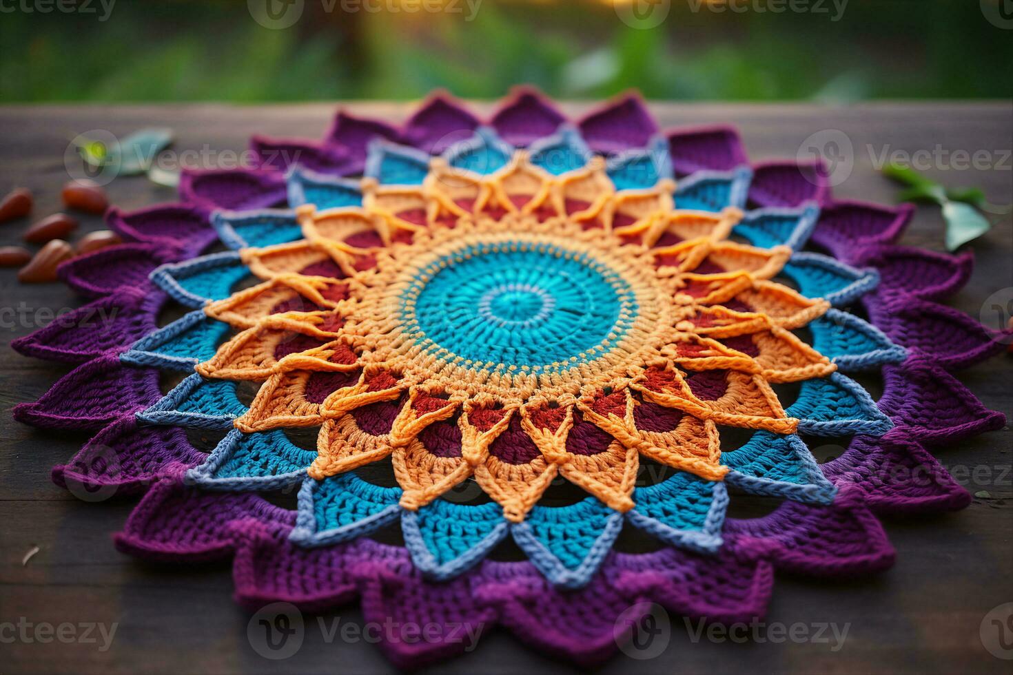 A mandala crocheted in jewel tones to reflect wholeness, unity and interconnection AI Generated. photo