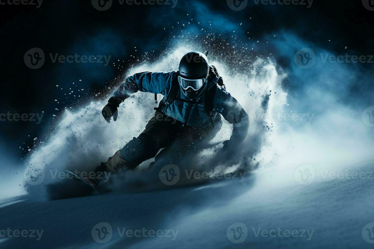 A man in a helmet quickly snowboarding down a snow-covered slope. Enjoying the thrill of snowboarding concept. AI Generated. photo