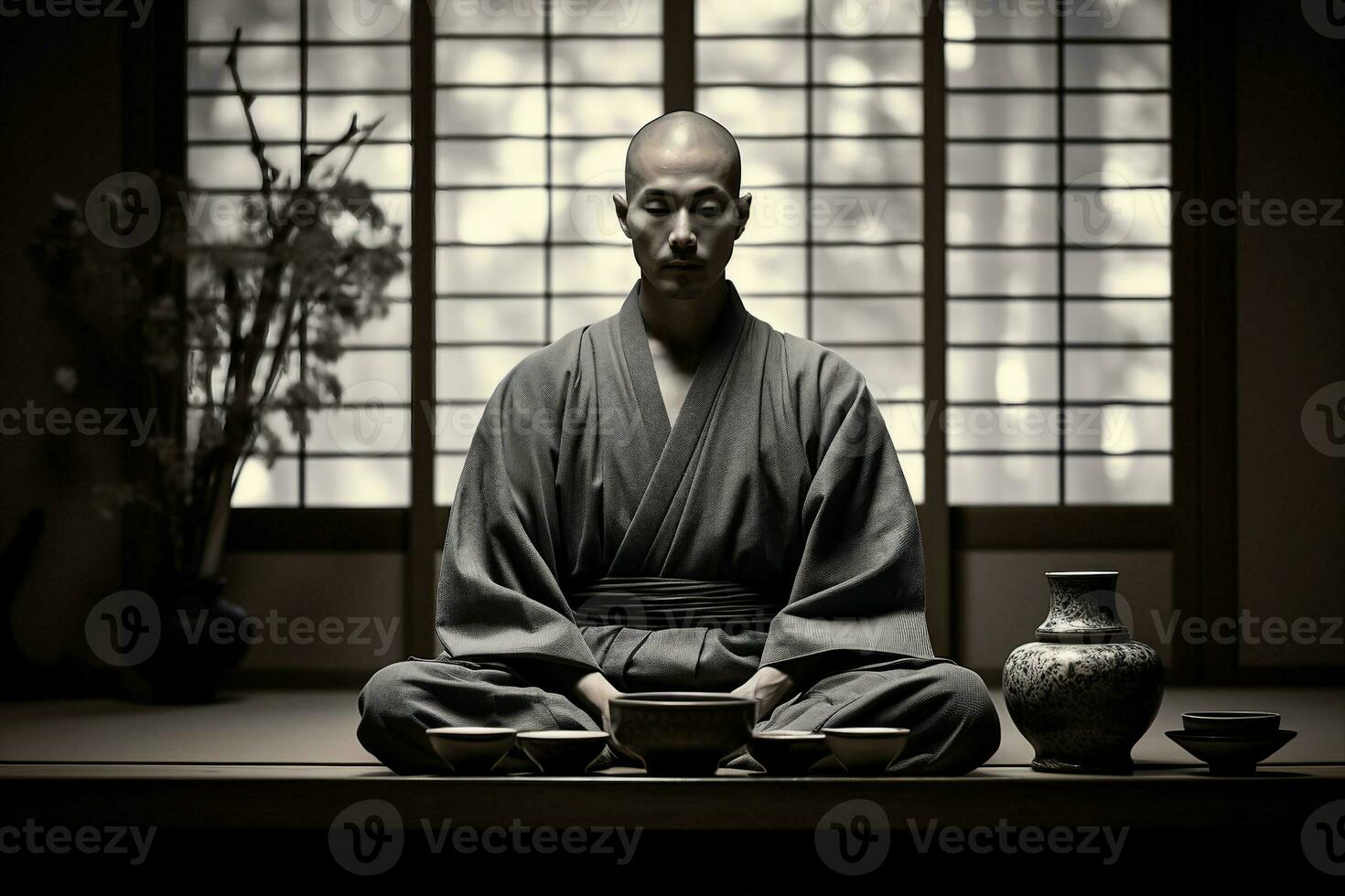 Front view of a zen monk with shaved head and robes seated in zazen meditation behind a spread of teaware - ceramic bowl, bamboo whisk, linen cloth, before an early morning tea ceremony. AI Generated. photo
