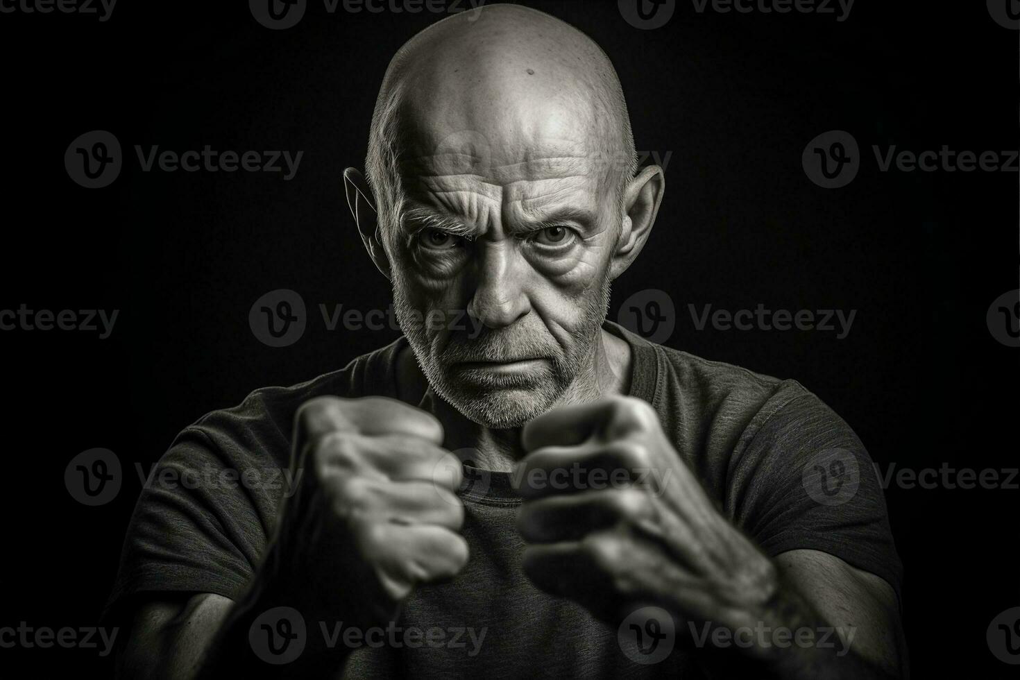 Portrait of an elderly man showing clenched fists. Concept of strength, confidence, psychological stability, Generative AI illustration. photo