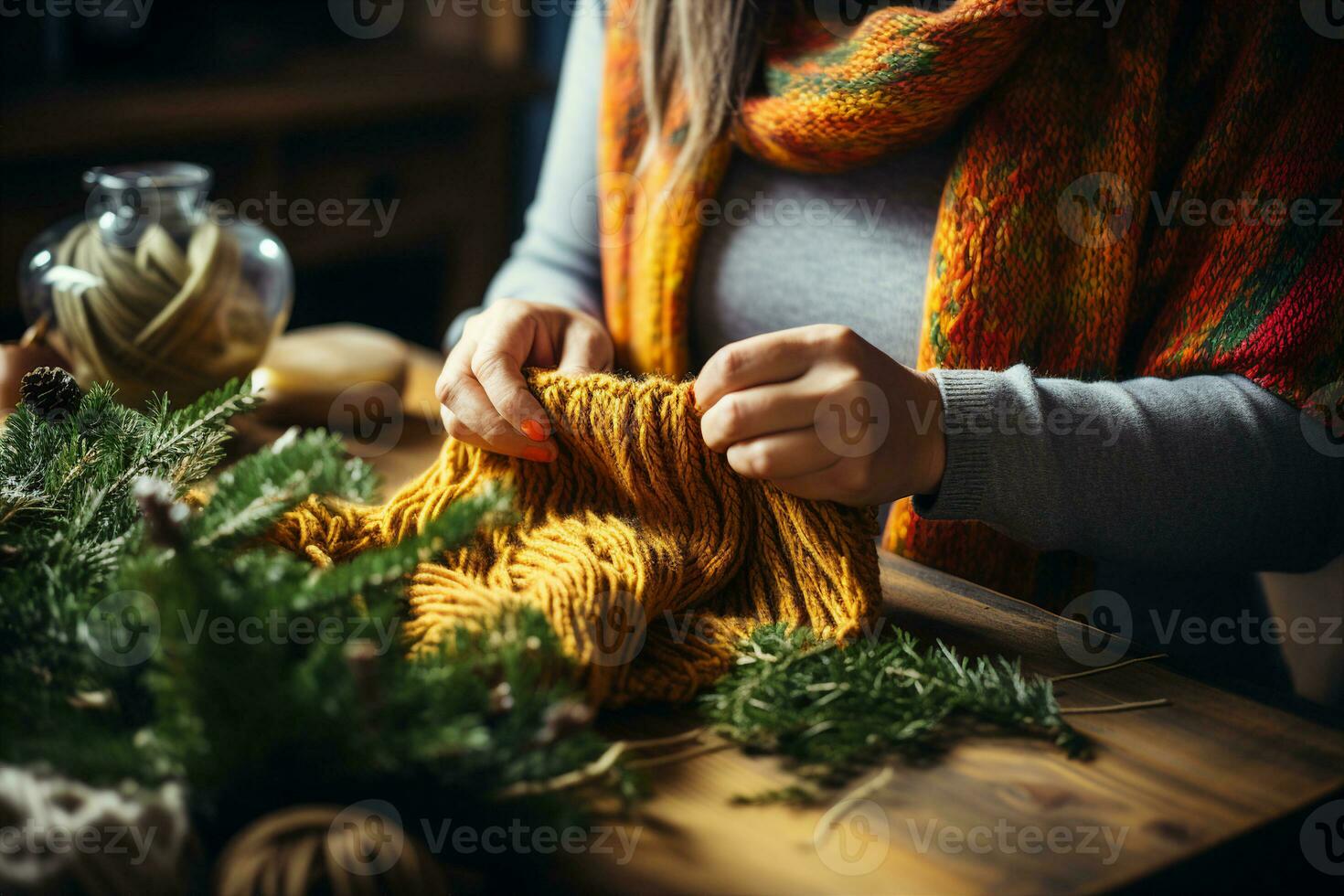 un mujer sentado a un mesa y tejido de punto un nuevo hermosa bufanda. el concepto de trabajo manual y sencillo alegrías de vida. ai generado. foto