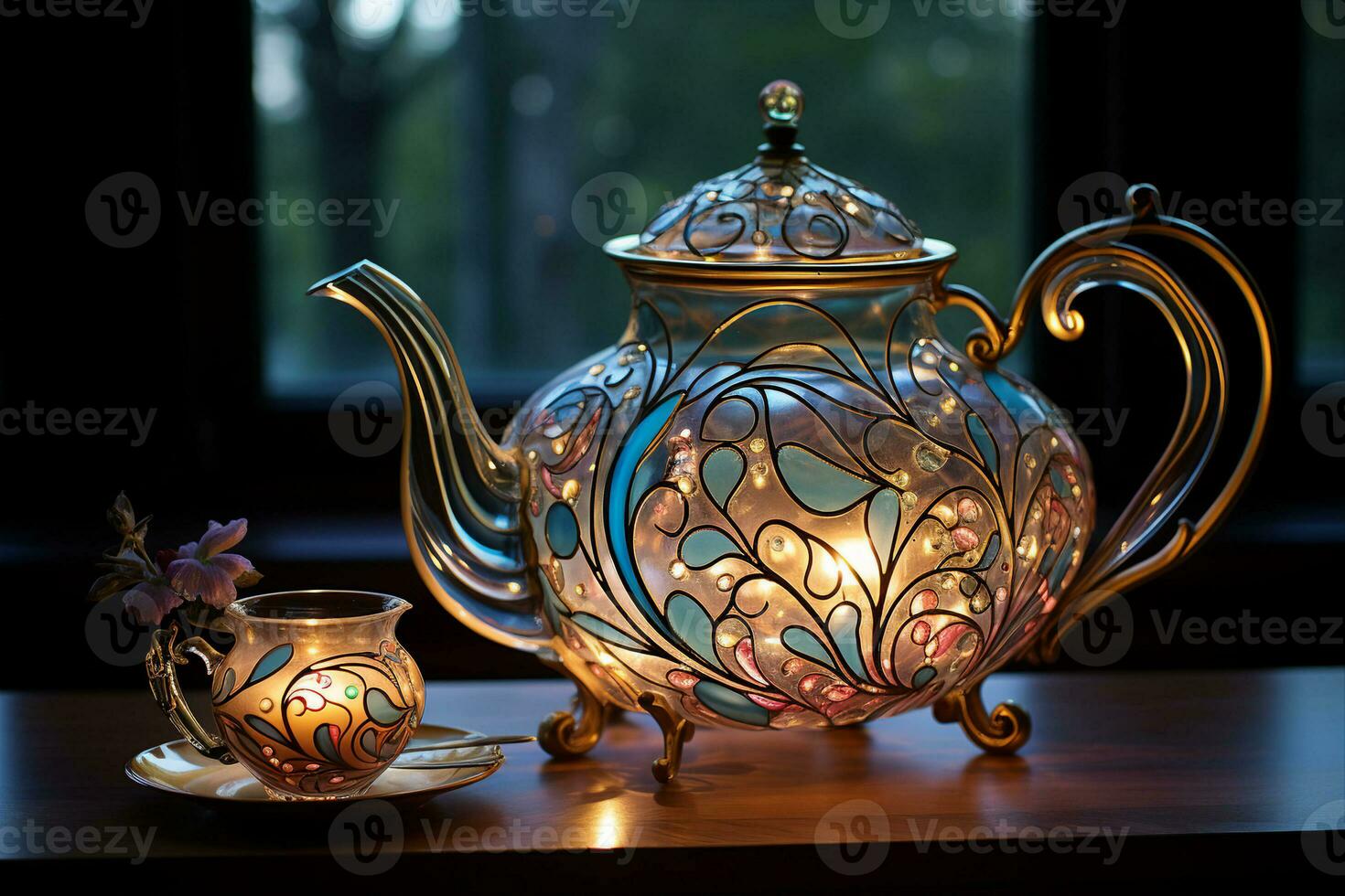 Beautiful stained glass teapot and cup with metal patterns in art nouveau style. AI Generated. photo