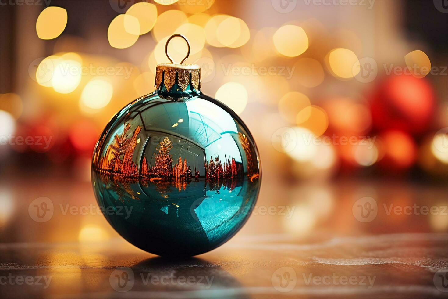 un azur Navidad pelota hecho de vaso y tiene un liso, pulido superficie con un reflexión de un Navidad árbol en él. ai generado. foto