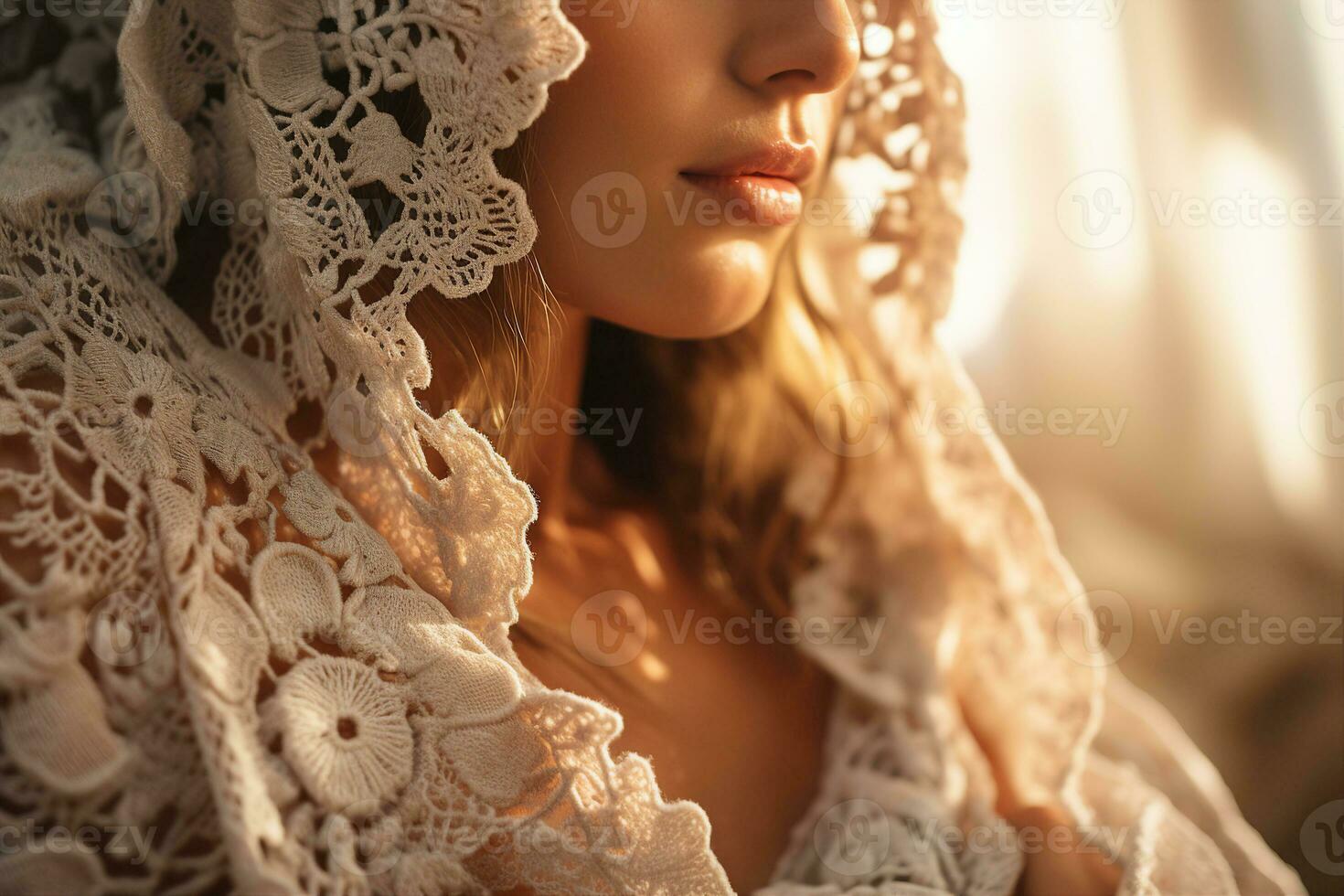 Beautiful woman in a crocheted shawl with intricate floral lace details. Close-up view, soft blurred background, simplicity and elegance concept. AI Generated. photo