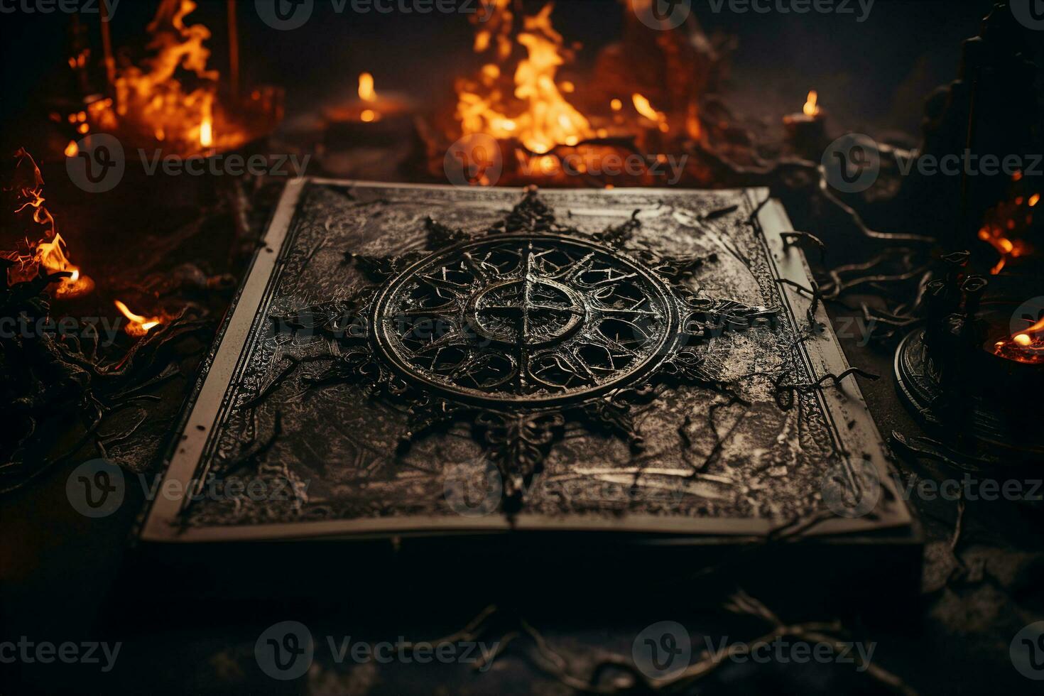 Old book with pentagram and runes on cover, symbol of mystery, magic, and occult practices. AI Generated. photo